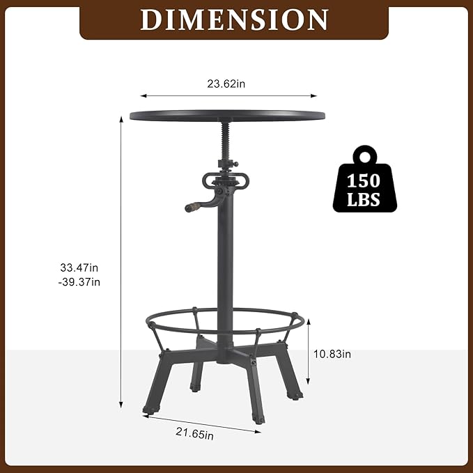 LOKKHAN Industrial Bar Table-33.5-39.4 Inch Tall-Adjustable Bar Height Pub Table-23.7 Inch Swivel Round Metal Top-Easily Adjusts by Crank Handle, Black