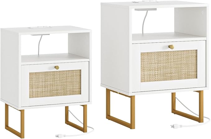 Masupu Extra Large Rattan Nightstand,Boho Night Stand Modern Farmhouse Wood Bedside Table with Storage Drawer and Open Shelf,Side End Table for Bedroom,Living Room,Office White