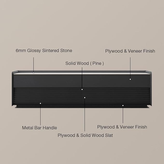 POVISON Fully-Assembled Mid Century Glossy Sintered Stone TV Stand, 118.11" Wood Media Console with Adjustable LED Light, Entertainment Center with Storage for Living Room(Black)