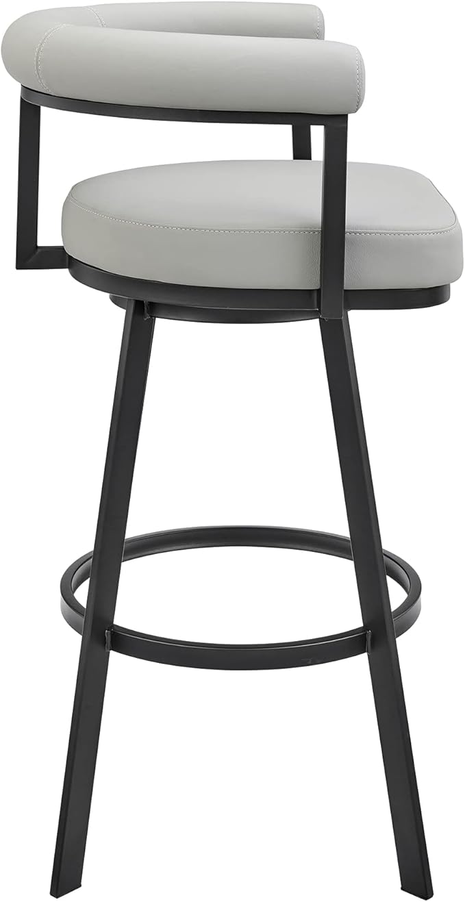 Armen Living Magnolia Swivel Bar Stool in Black Metal with Light Grey Faux Leather