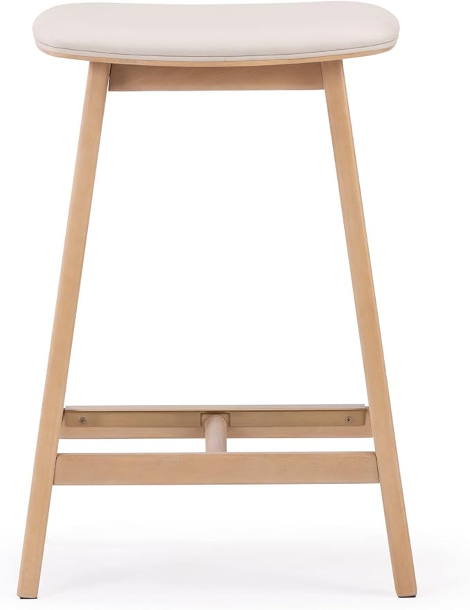Plank+Beam Beryl Counter Height Stool - Mid-Century Modern Rubberwood Bar Stool with Faux Leather Seat, Metal Footrest, Easy Assembly, Blonde/Sesame