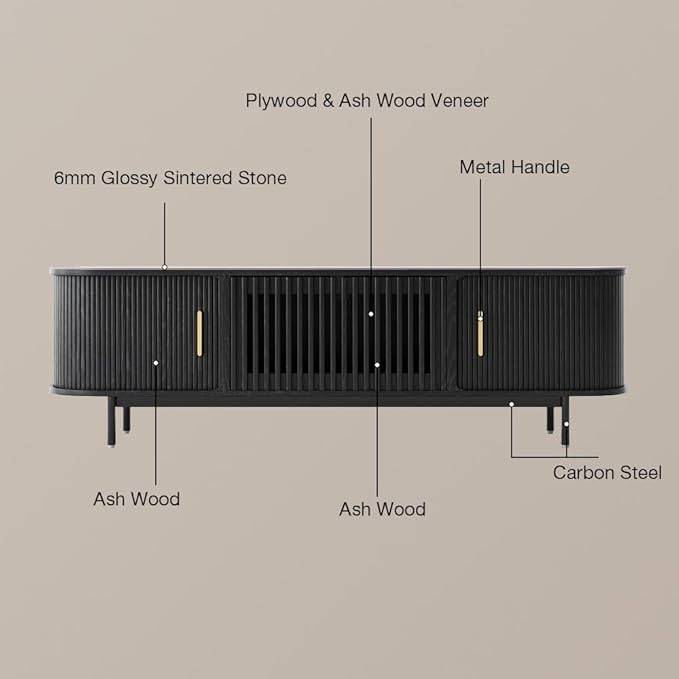 POVISON Sliding Tambour Door TV Stand, Mid Century Modern Sintered Stone TV Console, Wood Media Console for 85 Inch TV, Entertainment Center with Storage Cabinet, Fully-Assembled (Black, 94.49")