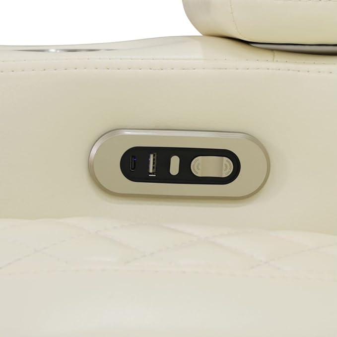 Electric Power Recliner Sofa Living Room Furniture, Comfy Home Theater Breathing Leather Seating with USB 2.0 Charging Ports, LED Light Strips, Fold-Down Table & Wireless Charging Device (White-2)