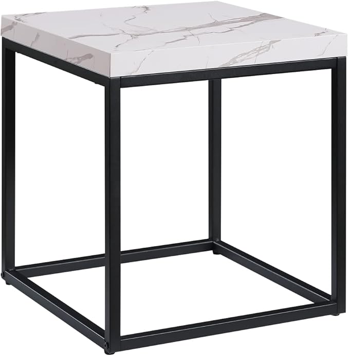 CENSI 18-Inch Marble Accent End Table/Side Table for Living Room, Modern Industrial, Square, Metal and Wood (White Marble)