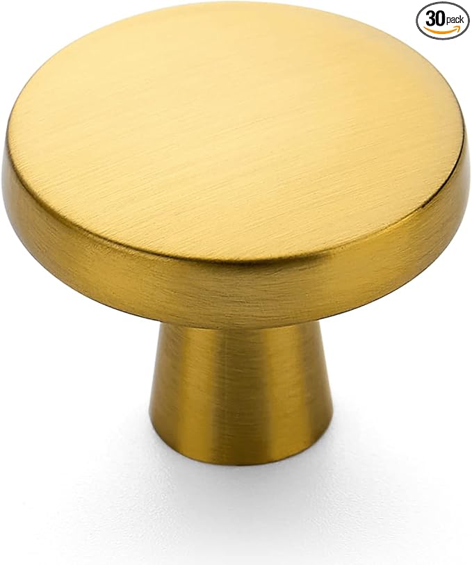 Ravinte 30Pack Drawer Pulls 1-1/4 Inch Kitchen Cabinet Knobs Solid Brushed Brass Round Dresser Drawer Knobs Gold Dresser Knobs Drawer Knobs Simple Cabinet Hardware for Cupboard Drawer Pulls