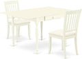 East West Furniture MZDA3-LWH-C 3 Piece Dining Room Table Set Contains a Rectangle Kitchen Table with Dropleaf and 2 Linen Fabric Upholstered Dining Chairs, 36x54 Inch, Linen White