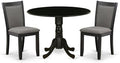 East West Furniture DLMZ3-AB6-50 3 Piece Dining Table Set Contains a Round Dining Room Table with Dropleaf and 2 Dark Gotham Grey Linen Fabric Upholstered Chairs, 42x42 Inch, Wirebrushed Black
