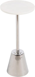 Kate and Laurel Tira Elegant Round Drink Table, 10 x 22, White Marble and Silver, Modern Glam Circle Martini Table for Use as a Small Bedroom Nightstand or Living Room Plant Stand Option