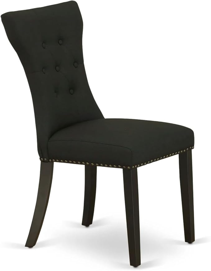 East West Furniture ANGA3-ABK-24 3 Piece Dinette Set for Small Spaces Contains a Round Kitchen Table with Pedestal and 2 Black Linen Fabric Parson Dining Chairs, 36x36 Inch, Wirebrushed Black