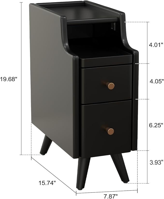 Narrow Nightstand with Drawers, Wood Bedside Table, Small Black Nightstand Set of 2
