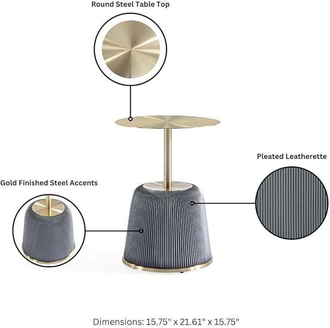 Manhattan Comfort Anderson Modern 15.75" Round End Tables 1.0 - Elegant Leatherette Upholstered Base with Pleated Design & Gold Steel Tabletop, Fully Assembled Accent Furniture, Set of 2, Grey