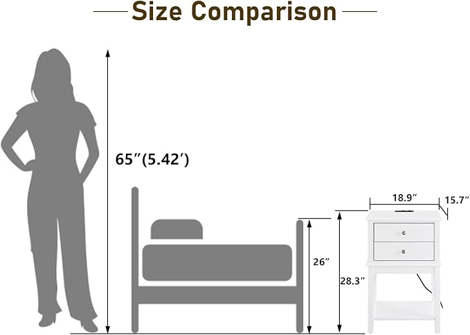 conifferism White Nightstand with Charging Station 28 inches Tall for Bedroom, Sofa Side Table with 2 Drawers,Large End Table with USB Ports,Modern Bedside Table for Home Living Room