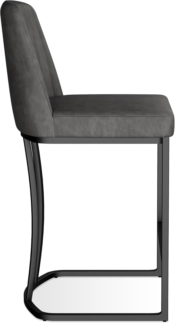 Bar Stools Set of 4, Faux Leather Counter Height Barstools, Upholstered Kitchen Counter Stools with Back and Stitching, 25.6" H Kitchen Island Stools Bar Chair, Metal Framed, Black Grey