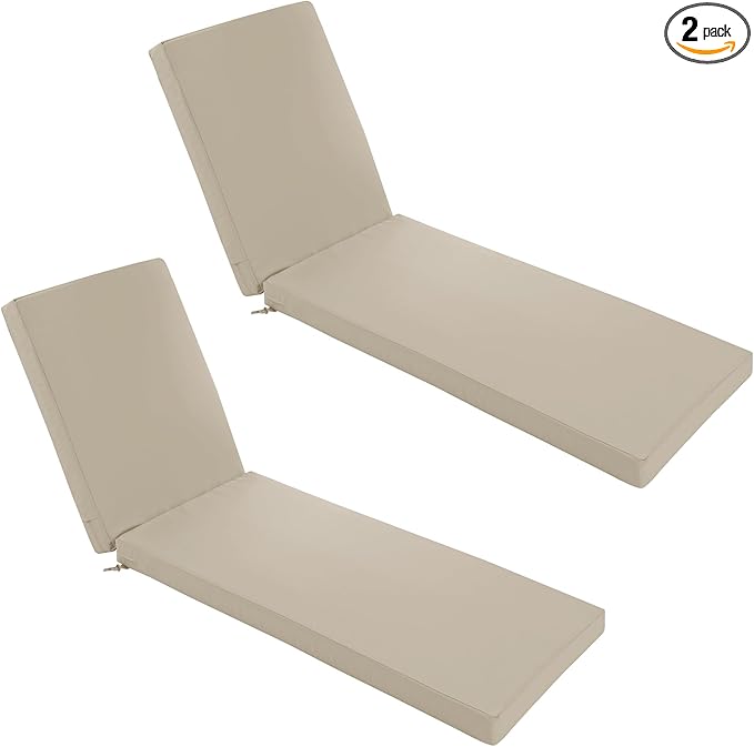 Chaise Lounge Cushions Outdoor Set of 2 - Waterproof and Fade Resistant Sun Lounger Replacement Cushion - Patio Lounger Pads with Removable Cover for Pool, Deck, Lawn, 72 x 21 x 3 Inch, Cream