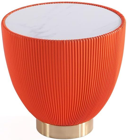 Manhattan Comfort Anderson Modern 18.43" Round End Table 2.0 - Ceramic Marble Tabletop, Elegant Pleated Leatherette Design & Gold Stainless Steel Base, Fully Assembled, Set of 2, Orange