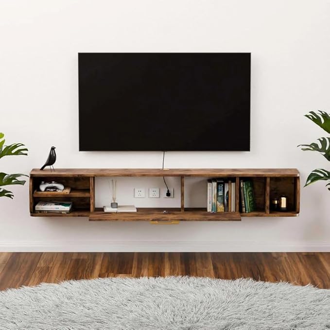 Floating TV Unit, 58'' Wall Mounted TV Cabinet, Floating Shelves with 4 Cabinets, Wooden Entertainment Media Console Center Large Storage TV Bench for Living Room & Office (Rustic Brown)