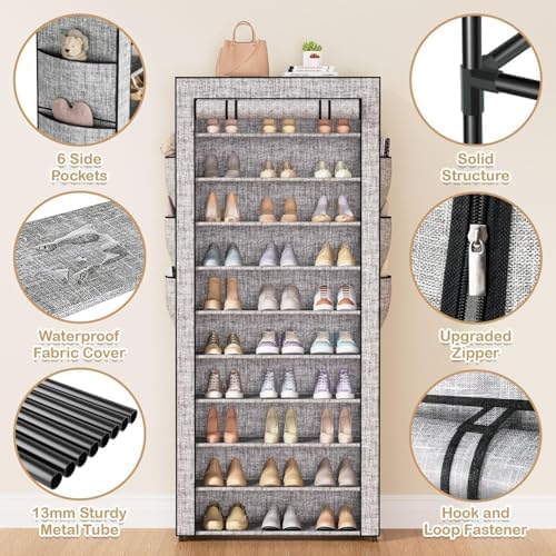 Covered Shoe Rack Tall Metal Shoes Rack Organizer for Entryway Garage Closet Tall Shoe Shelf Shoe Storage Cabinet Free Standing Large Garage Shoes Racks Organizer