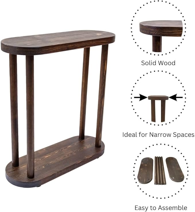 Oval Solid Wood Narrow Side Table, Slim End Table, Small Coffee Table (Dark Walnut, Medium)