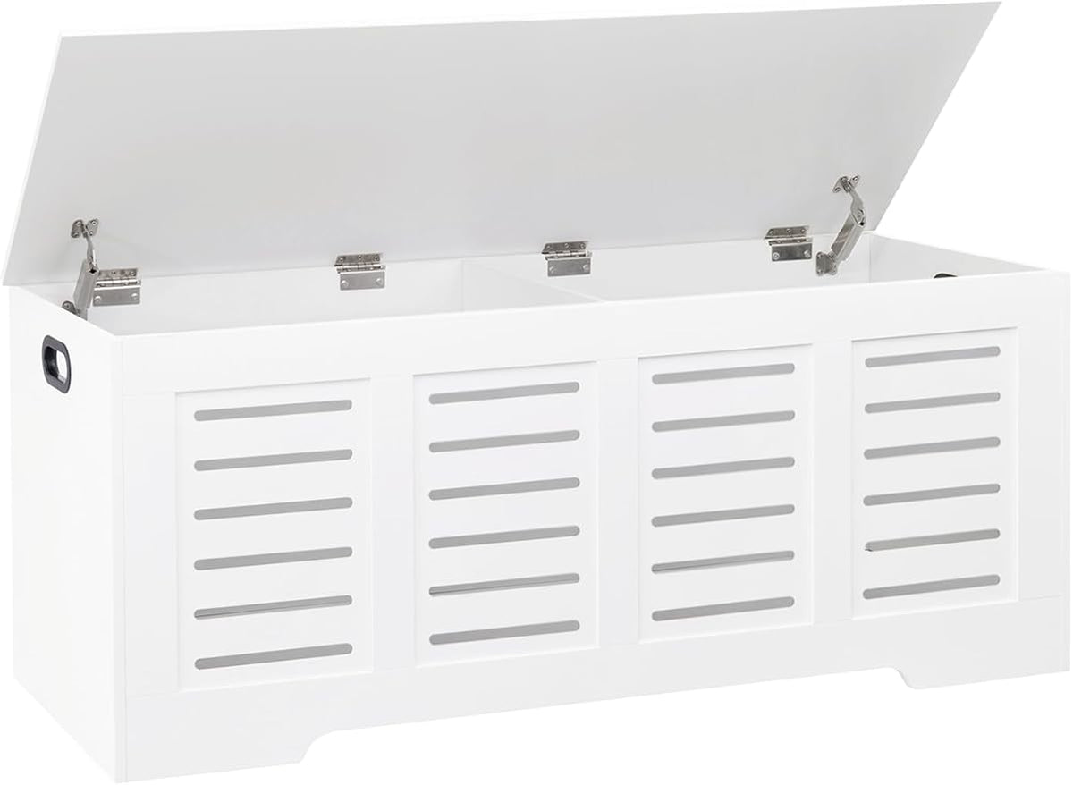 DINZI LVJ Storage Chest, 47.3” Wooden Toy Box with 2 Safety Hinges, Retro Entryway Shoe Storage Bench with Flip-Top, Sturdy Large Storage Trunk for Living Room, Bedroom, Easy Assembly, White