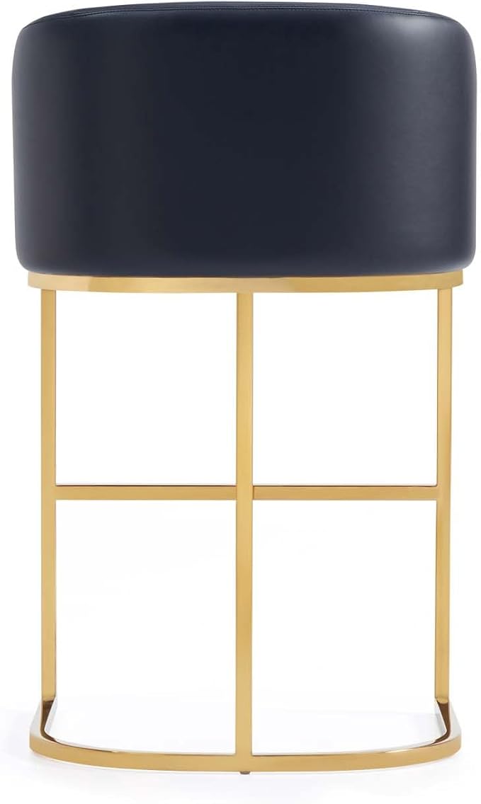 Manhattan Comfort Louvre 26 Inch Mid Century Modern Counter Height Bar Stools - Elegant Faux Leather Padded Seat, Stainless Steel Base with Footrest, Fully Assembled Barstools, Set of 1, Black & Gold
