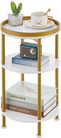 Small Round End Table with Charging Station, 3-Tier Accent Couch Beside Table with USB Ports & Power Outlets, Sofa Side Table for Living Room Small Nightstand Bedroom (Classic, White+Gold)