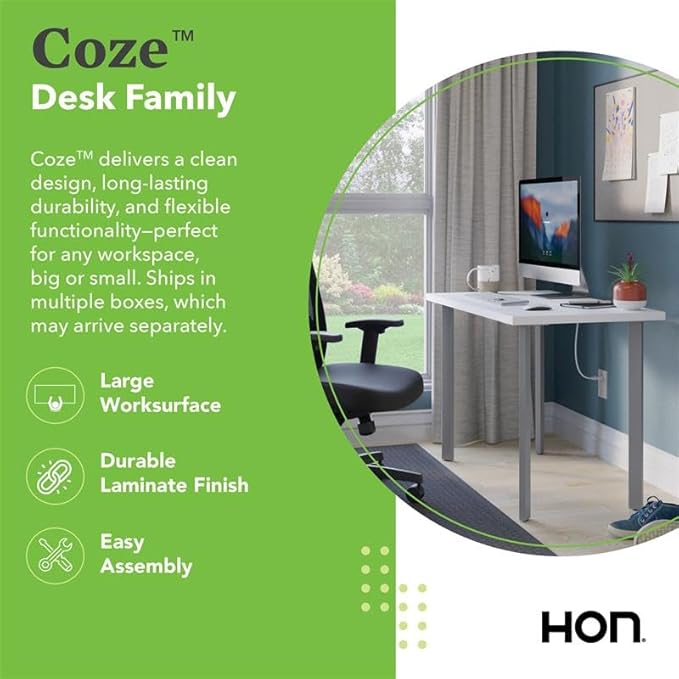 HON Coze Home Office Desks, Sturdy Table Computer Desk, 42", White Top, Silver Base