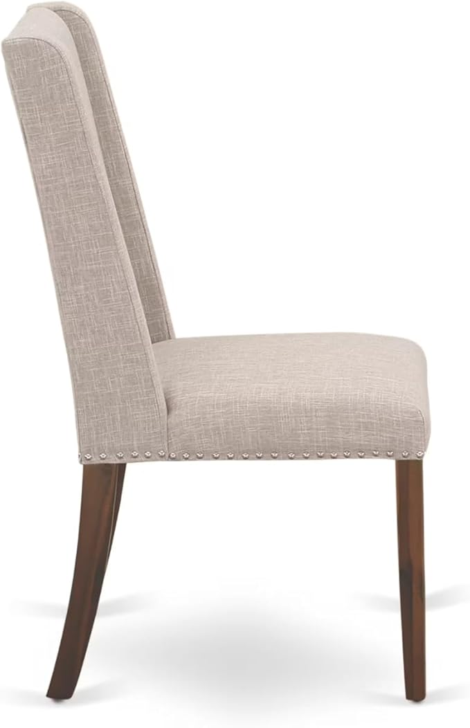 NKFL7-AWA-04-7-Piece Dining Table Set Consists of a Breakfast Table and 6 Light Tan Linen Fabric Dining Chairs with Padded Chair Back - Antique Walnut Finish.