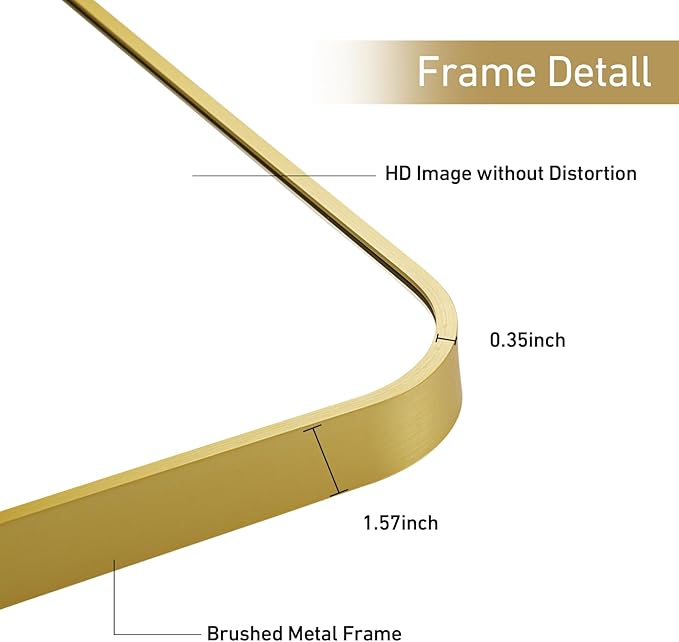 16x24 Inch Bathroom Mirror for Wall,Matte Gold Framed Rectangle Mirror with Rounded Corner,Aluminum Alloy Framed Brushed Wall Mirror for Bedroom or Living Room,Vertical or Horizontal