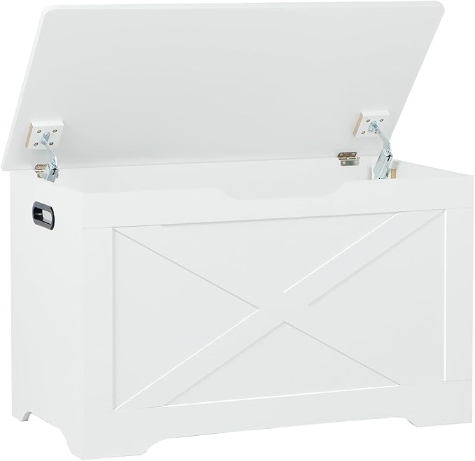 Storage Chest, Wooden Storage Bench, Entryway Shoes Bench with 2 Safety Hinges, Retro Storage Trunk for Living Room, Bedroom, 15.7 x 31.5 x 18.9 Inches, White