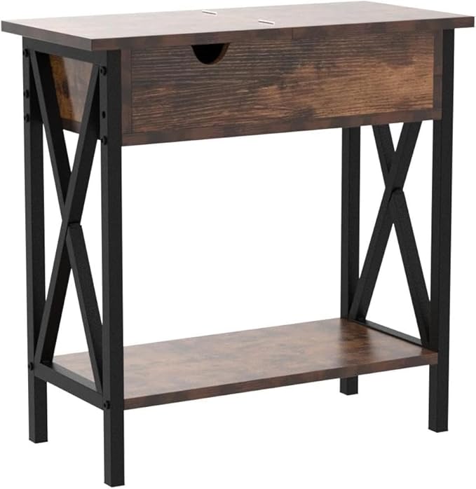 TooCust End Tables Living Room with Charging Station, 11.2" D x 24" W x 24" H, Flip Top Side Table with USB Ports and Outlets, Couch End Tables, Narrow End Table with 5.5" Deep Drawer