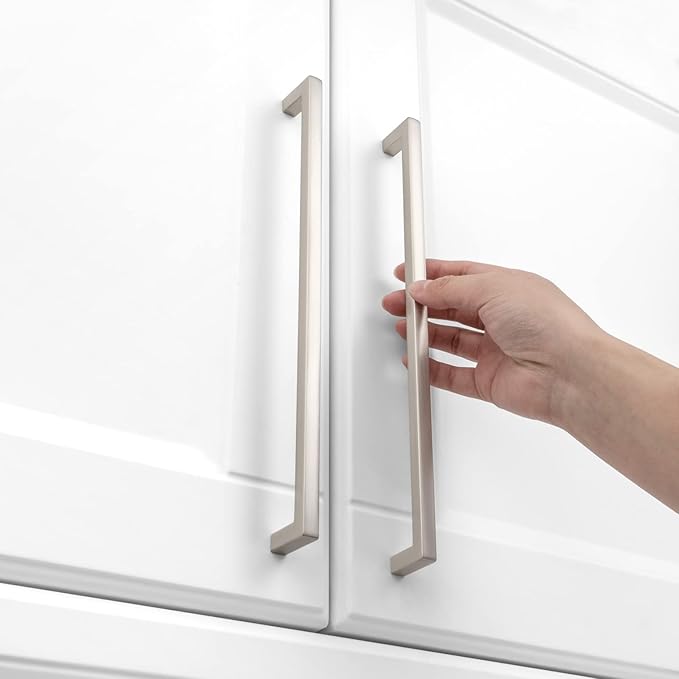 KOOFIZO Solid Square Bar Cabinet Handle - Brushed Nickel Furniture Pull, 10 Inch/256mm Screwhole Distance, 1-Piece for Kitchen Cupboard Door, Bedroom Dresser Drawer, Bathroom Wardrobe Hardware