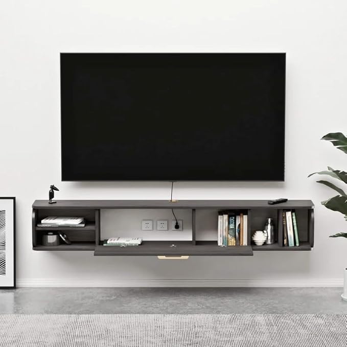 Floating TV Unit, 76'' Wall Mounted TV Cabinet, Floating Shelves with 4 Cabinets, Wood Entertainment Media Console Center Large Storage TV Bench for Living Room & Office (75.98IN, Dark Grey)