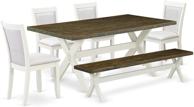 East West Furniture X077MZ001-6 6 Piece Kitchen Table Set Contains a Rectangle Dining Table with X-Legs and 4 Cream Linen Fabric Parson Chairs with a Bench, 40x72 Inch, Multi-Color