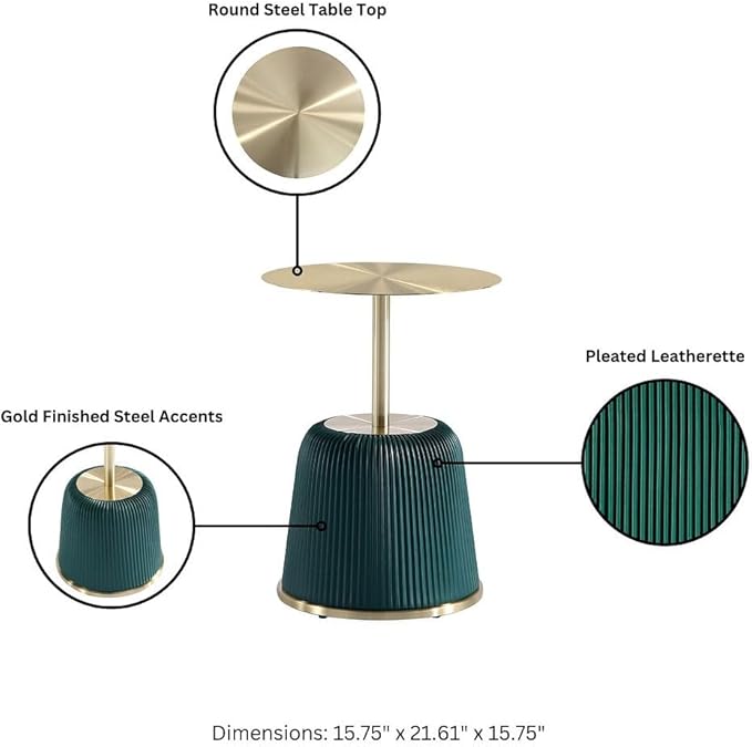 Manhattan Comfort Anderson Modern 15.75" Round End Tables 1.0 - Elegant Leatherette Upholstered Base with Pleated Design & Gold Steel Tabletop, Fully Assembled Accent Furniture, Set of 1, Green