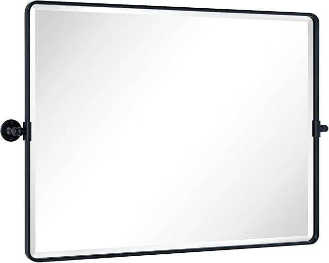 TEHOME 40x30'' Pivoting Bathroom Vanity Mirror Large Matt Black Metal Framed Rectangle Tilting Beveled Vanity Mirrors for Wall, Horizontal Hanging