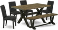 East West Furniture X676DR124-6 6 Piece Kitchen Table Set Contains a Rectangle Dining Table with X-Legs and 4 Black Color Linen Fabric Parson Chairs with a Bench, 36x60 Inch, Multi-Color