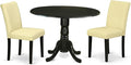 East West Furniture DLAB3-BLK-73 3 Piece Kitchen Table Set Contains a Round Dining Table with Dropleaf and 2 Eggnog Faux Leather Parson Dining Room Chairs, 42x42 Inch, Black
