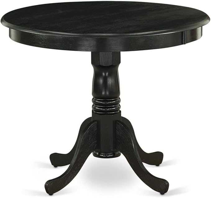 East West Furniture ANFL3-ABK-21 3 Piece Modern Dining Table Set Contains a Round Kitchen Table with Pedestal and 2 Blue Linen Fabric Parson Dining Chairs, 36x36 Inch, Wirebrushed Black