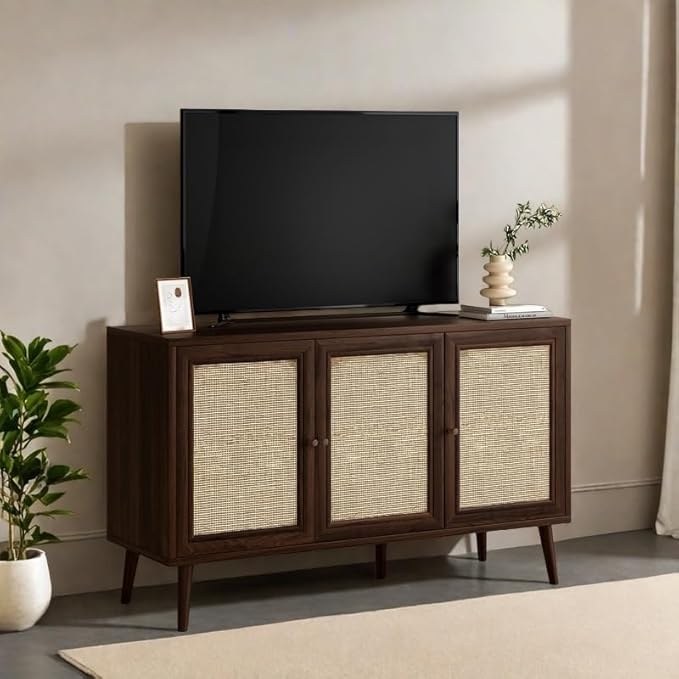 Rattan Entryway Table, Entertainment Center with Adjustable Shelf, Sideboard Buffet Cabinet with 3 Rattan Doors, Modern Console Cabinet with Large Storage for Living Room, Kitchen, Dark Brown