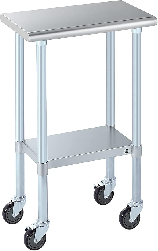 ROCKPOINT Stainless Steel Table for Prep & Work with Caster Wheels 14x24 Inches, NSF Metal Commercial Kitchen Heavy Duty Table with Adjustable Under Shelf and Table Foot for Restaurant, Home and Hotel