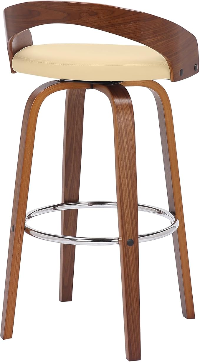 Armen Living Sonia 30" Bar Height Swivel Cream Faux Leather and Walnut Wood Bar Stool - Set of 4
