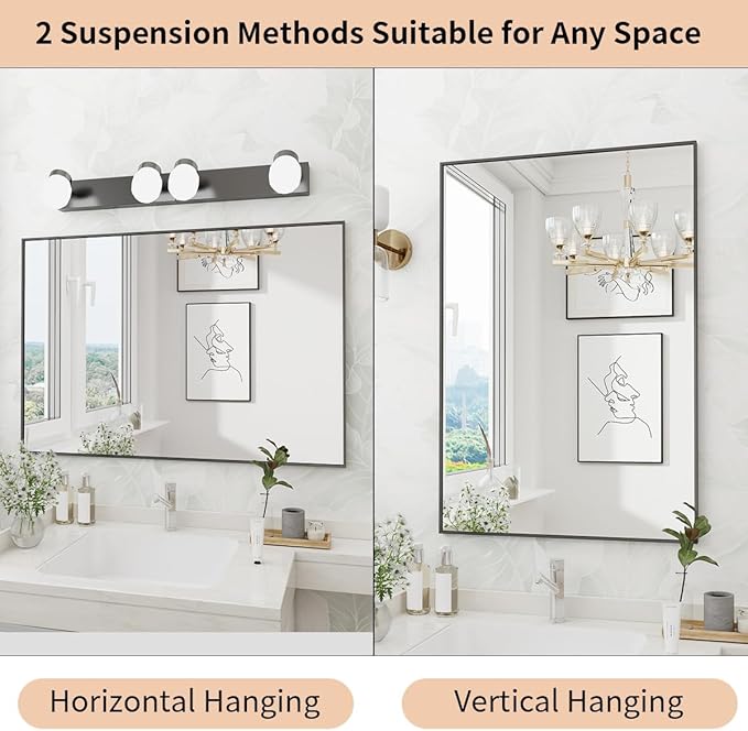 Koonmi Black Mirrors for Wall, 30x55 Inch Bathroom Mirror, Rectangular Wall Mirror for Living Room Bedroom Bathroom, Hangs Horizontally or Vertically
