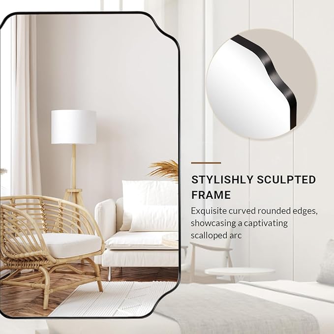 ANDY STAR Unique Rectangle Wall Mirror, 24"x32" Black Mirror, Modern Mirror with Aesthetic Scalloped Edge Design Ideal for Bathroom, Bedroom or Entryway, Thin Frame Deep 1’’