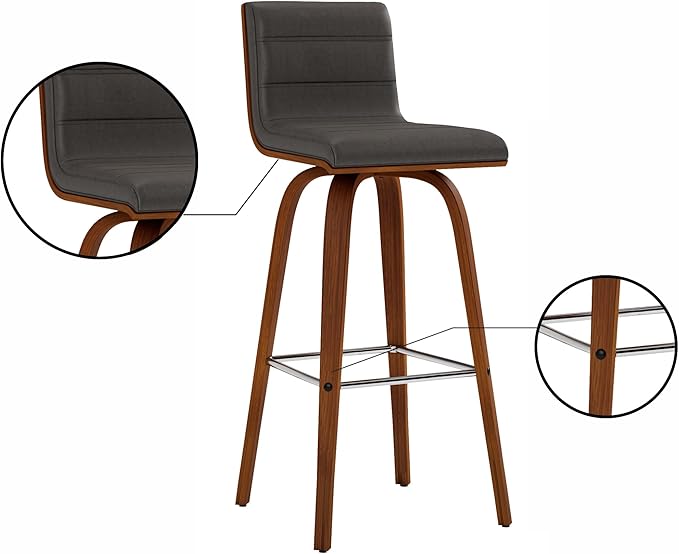 Armen Living Vienna Mid-Century Modern 30" Bar height Barstool Faux Leather Wood Finish, Grey/Walnut