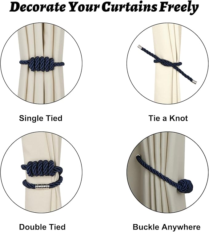BEL AVENIR Magnetic Curtain Tiebacks, Decorative Drapery Holdbacks Modern Woven Tie-Backs with Exquisite Knot (Navy, 4 Pack)