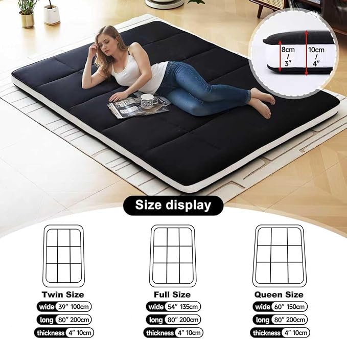 Tiita Japanese Floor Mattress, 4” Thicken Futon Mattress with Storage Bag and 2 Straps, Full Size Sleeping Tatami Mat for Adults，Black