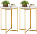 TECHMILLY Round End Table, Faux Marble Sofa Table, Accent Side Table with Metal Frame, Modern Gold Nightstand, Tall Coffee Table for Living Room, Bedroom-2 Packs