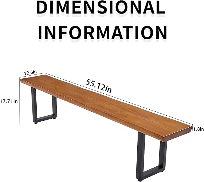 Solid Wood Top Bench with Metal Legs Durable Long Bench for Home Office Living Room Dining Room Versatile Multi Size Options Perfect Chair Stool Dining Bench Dining Chair (Light brown bench, 55.12in)