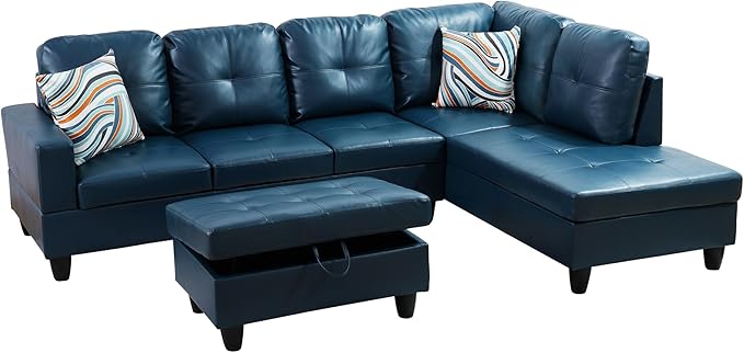 Osparple Sectional Couch PU Leather L Shaped Couch 3 Pieces Modular Sectional Sofa with Storage Ottoman for Living Room and Small Apartment, Peacock Blue