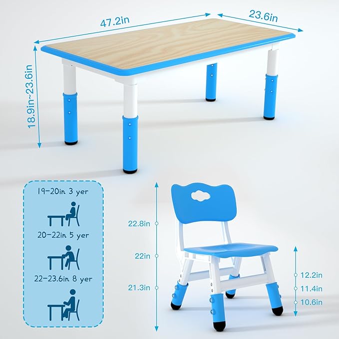 Kids Table and 6 Chairs Set，Height Adjustable Children Table & Chair，Toddlers Study Multi-Activity Table with 47.2"x23.6" Wipe-Clean Desktop，for Classrooms, Homes & Daycares